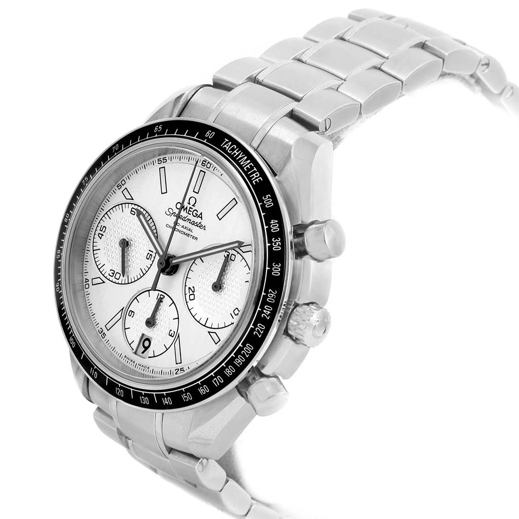 This image shows an angled view of an Omega Speedmaster 326.30.40.50.02.001 Men
s Stainless Steel Silver Dial 326.30.40.50.02.001 Men
s Stainless Steel Silver Dial, highlighting its silver case, tachymeter bezel, and bracelet.