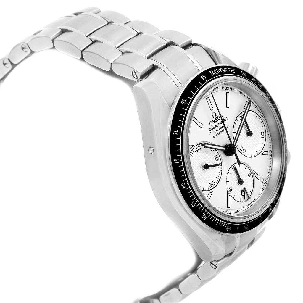 The Omega Speedmaster 326.30.40.50.02.001 Men
s Stainless Steel Silver Dial 326.30.40.50.02.001 Men
s Stainless Steel Silver Dial watch is shown at a slight angle, highlighting the face, tachymeter bezel, and part of the metal bracelet.