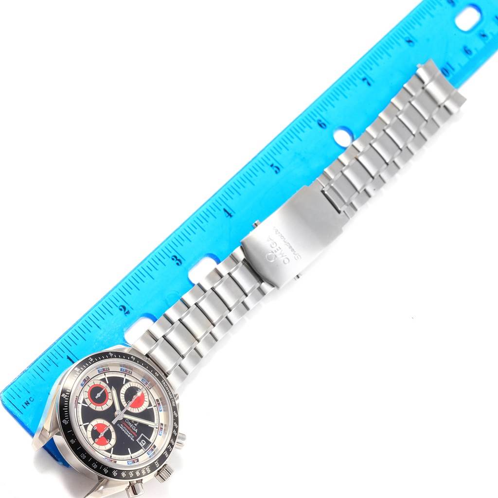 The Omega Speedmaster 3210.52.00 Men
s Stainless Steel Black Dial 3210.52.00 Men
s Stainless Steel Black Dial watch is shown from a top view, displaying the face and the full metal bracelet.