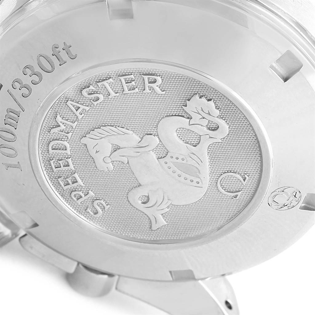 The image shows the back case of an Omega Speedmaster 3210.52.00 Men
s Stainless Steel Black Dial 3210.52.00 Men
s Stainless Steel Black Dial watch, featuring an engraved seahorse logo and water resistance details.