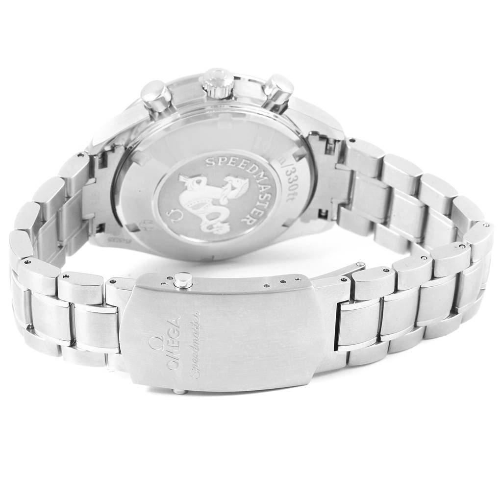 The image shows the back case and bracelet clasp of an Omega Speedmaster 3210.52.00 Men
s Stainless Steel Black Dial 3210.52.00 Men
s Stainless Steel Black Dial watch, viewed from a rear angle.