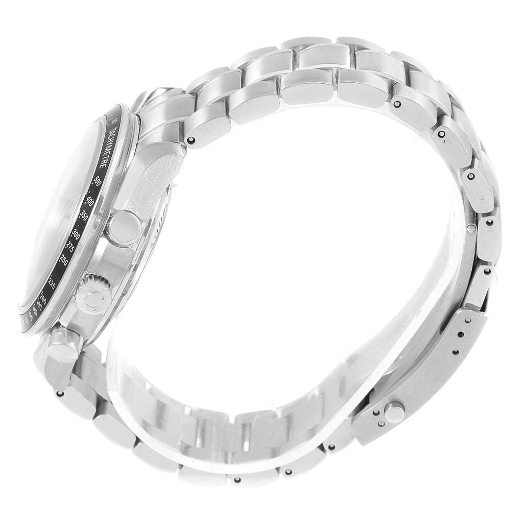 The image shows a side view of the Omega Speedmaster 3210.52.00 Men
s Stainless Steel Black Dial 3210.52.00 Men
s Stainless Steel Black Dial watch, focusing on its bracelet, clasp, case, and pushers.