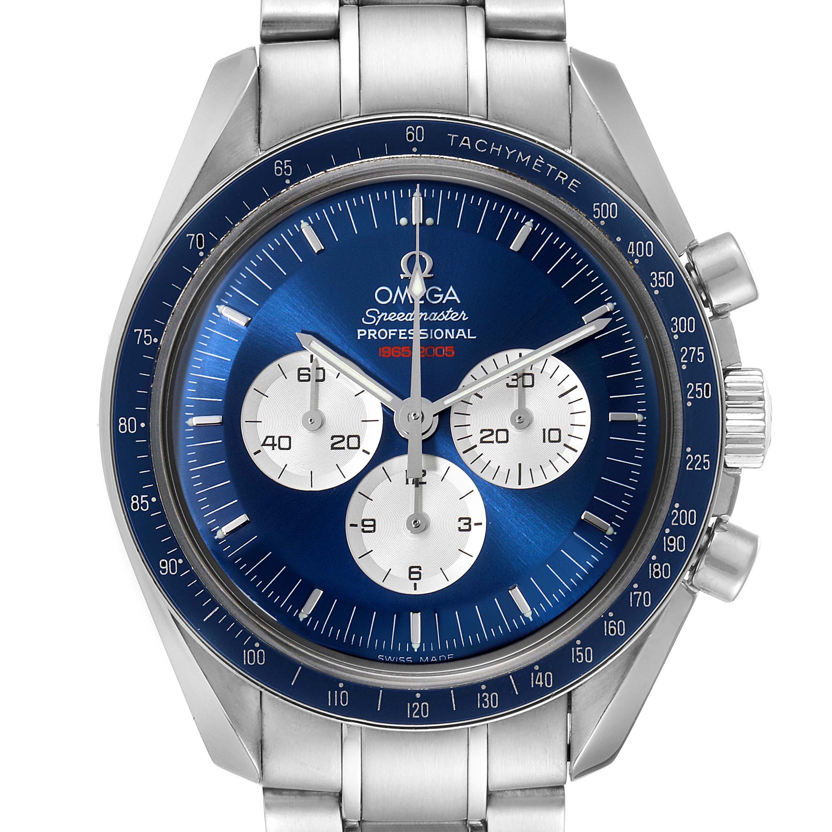 The Omega Speedmaster 3565.80.00 Men's Stainless Steel Blue Dial 3565.80.00 Men's Stainless Steel Blue Dial watch is shown from the front, displaying its blue dial, tachymetre bezel, and chronograph subdials.