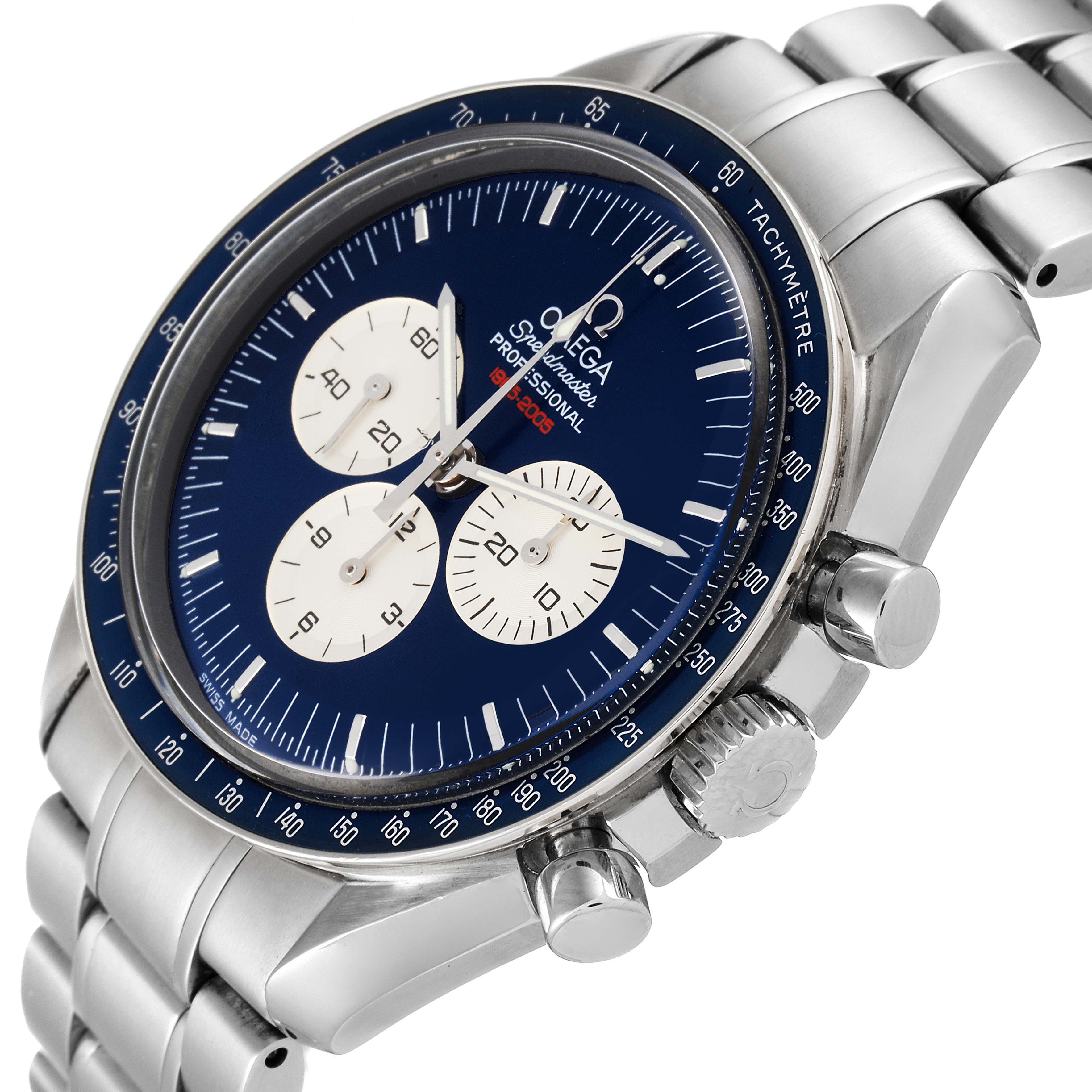 The image shows an Omega Speedmaster 3565.80.00 Men's Stainless Steel Blue Dial 3565.80.00 Men's Stainless Steel Blue Dial watch viewed from a diagonal front angle, highlighting the dial, bezel, and bracelet.