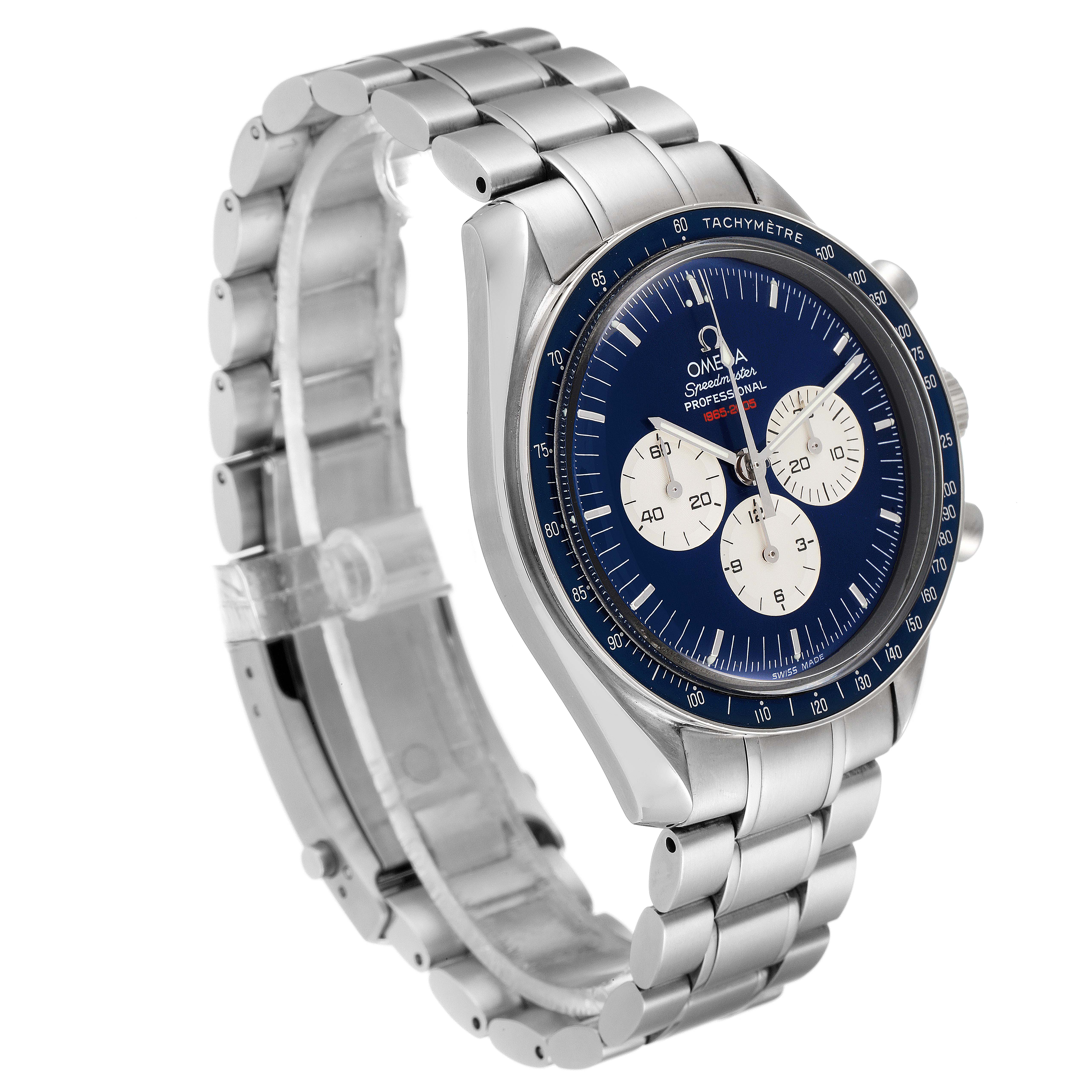 The Omega Speedmaster 3565.80.00 Men's Stainless Steel Blue Dial 3565.80.00 Men's Stainless Steel Blue Dial watch is shown at a three-quarter angle displaying its dial, bezel, and metal bracelet.