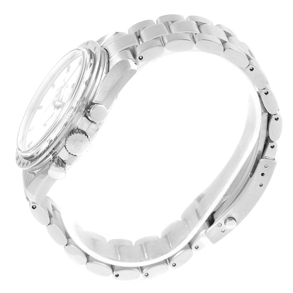 The Omega Speedmaster 3575.20.00 Men
s Stainless Steel White Dial 3575.20.00 Men
s Stainless Steel White Dial watch is shown at a side angle, highlighting the case, crown, pushers, and bracelet.