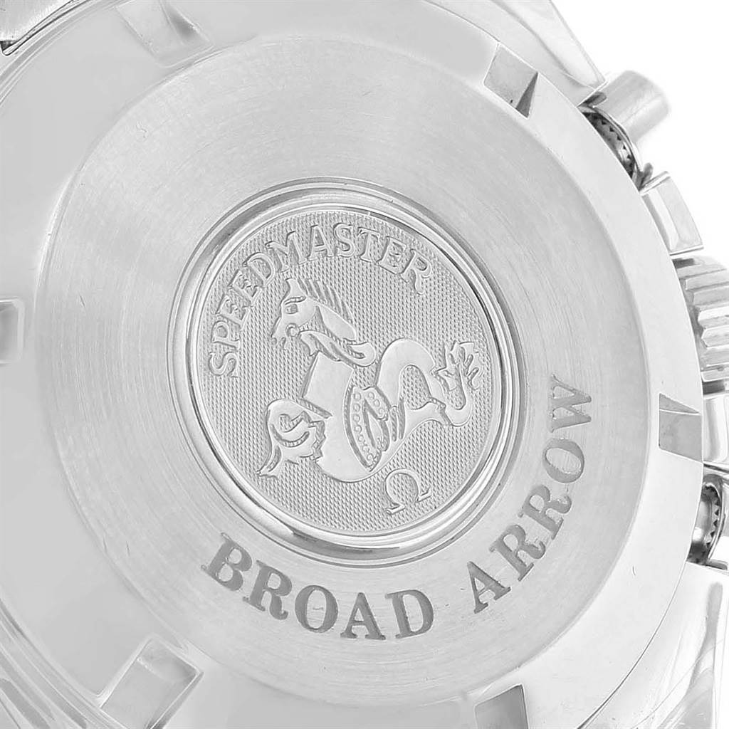 The image shows the engraved case back of an Omega Speedmaster 3551.50.00 Men
s Stainless Steel Black Dial 3551.50.00 Men
s Stainless Steel Black Dial Broad Arrow model, featuring its unique emblem and text.