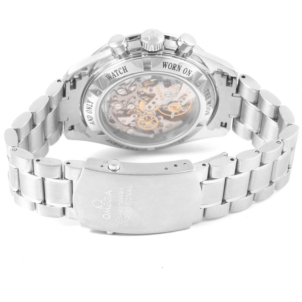 The image shows the back view of an Omega Speedmaster 3573.50.00 Men
s Stainless Steel Black Dial 3573.50.00 Men
s Stainless Steel Black Dial watch, highlighting the movement through the transparent case back and part of the bracelet.