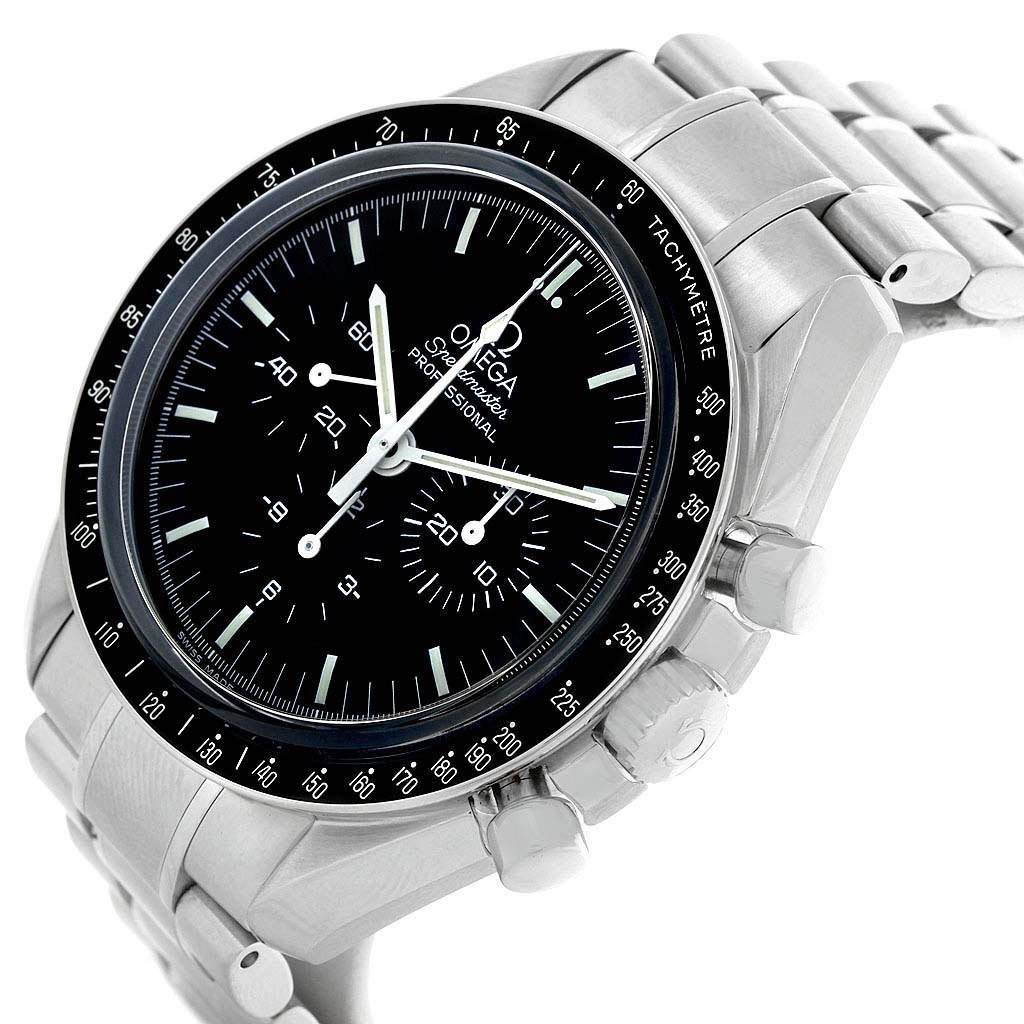 The image shows a close-up angled view of the Omega Speedmaster 3573.50.00 Men
s Stainless Steel Black Dial 3573.50.00 Men
s Stainless Steel Black Dial watch highlighting its dial, bezel, and bracelet.
