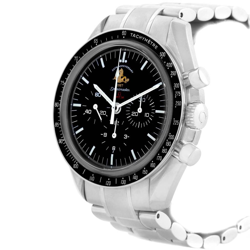 The image shows an angled view of an Omega Speedmaster 311.30.42.30.01.001 Men
s Stainless Steel Black Dial 311.30.42.30.01.001 Men
s Stainless Steel Black Dial watch, featuring the dial, bracelet, and crown.