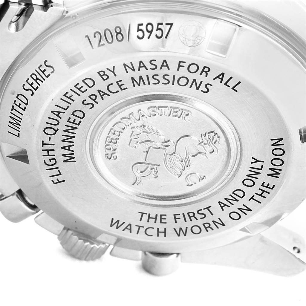 The image shows the back case of an Omega Speedmaster 311.30.42.30.01.001 Men
s Stainless Steel Black Dial 311.30.42.30.01.001 Men
s Stainless Steel Black Dial watch, displaying engravings and a limited series number.