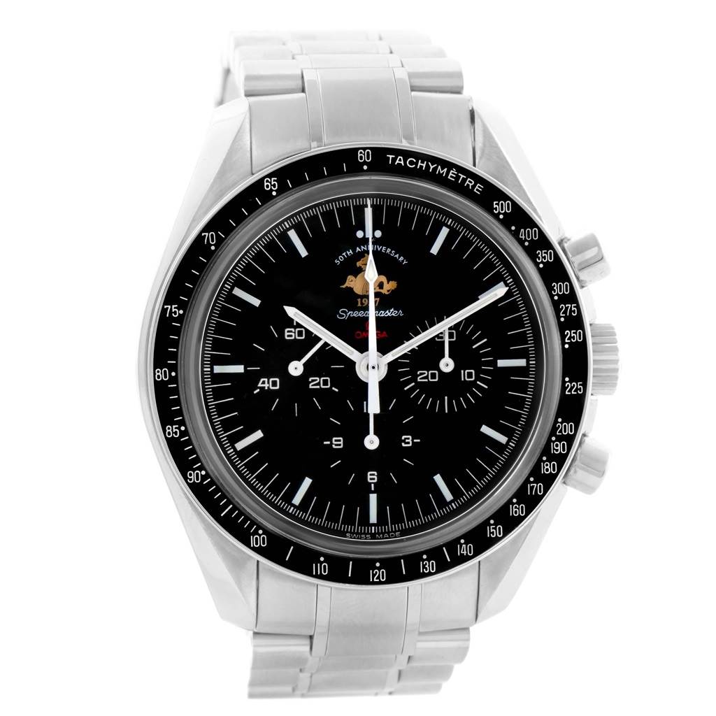 This image shows an Omega Speedmaster 311.30.42.30.01.001 Men
s Stainless Steel Black Dial 311.30.42.30.01.001 Men
s Stainless Steel Black Dial watch from the front, displaying the face, bezel, and a portion of the metal bracelet.