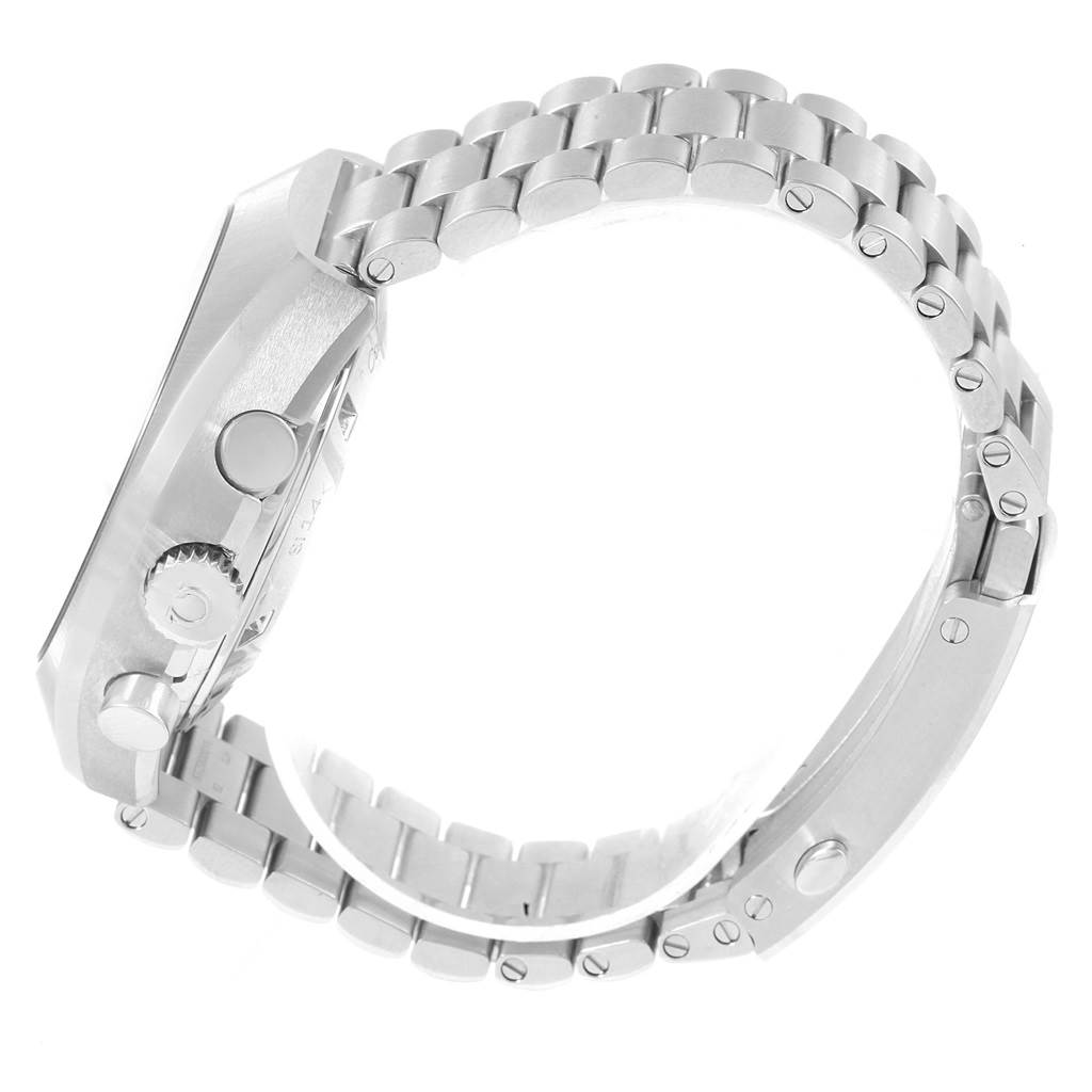 This image shows the side view of an Omega Speedmaster 327.10.43.50.06.001 Men
s Stainless Steel Grey Dial 327.10.43.50.06.001 Men
s Stainless Steel Grey Dial watch, highlighting its case, crown, pushers, and metal bracelet.