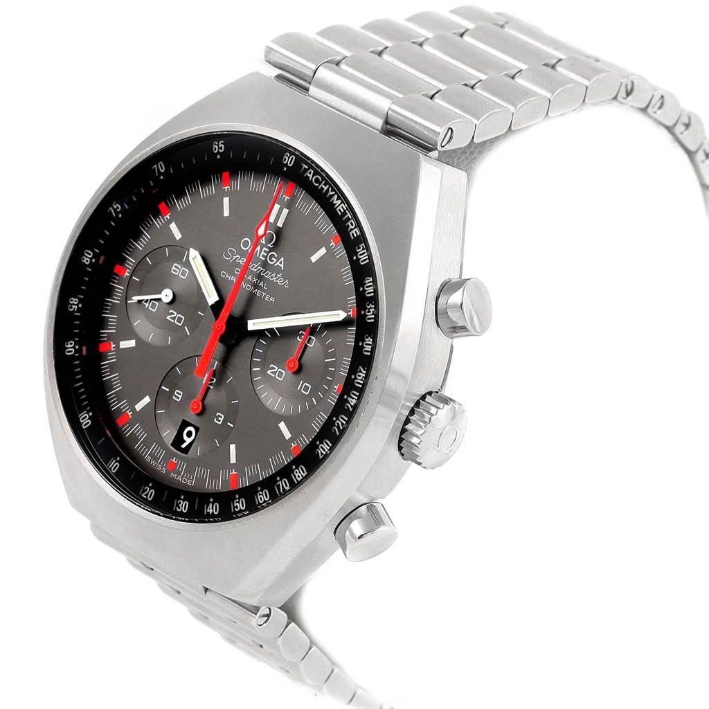 The image shows an Omega Speedmaster 327.10.43.50.06.001 Men
s Stainless Steel Grey Dial 327.10.43.50.06.001 Men
s Stainless Steel Grey Dial watch from a three-quarter angle, displaying its face, bezel, pushers, crown, and bracelet.