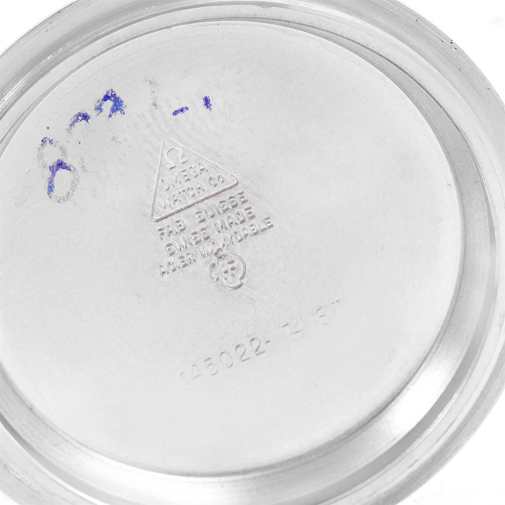 The image shows the inside case back of an Omega Speedmaster 145.022 Men
s Stainless Steel Black Dial 145.022 Men
s Stainless Steel Black Dial watch, displaying the brand
s logo and model information.