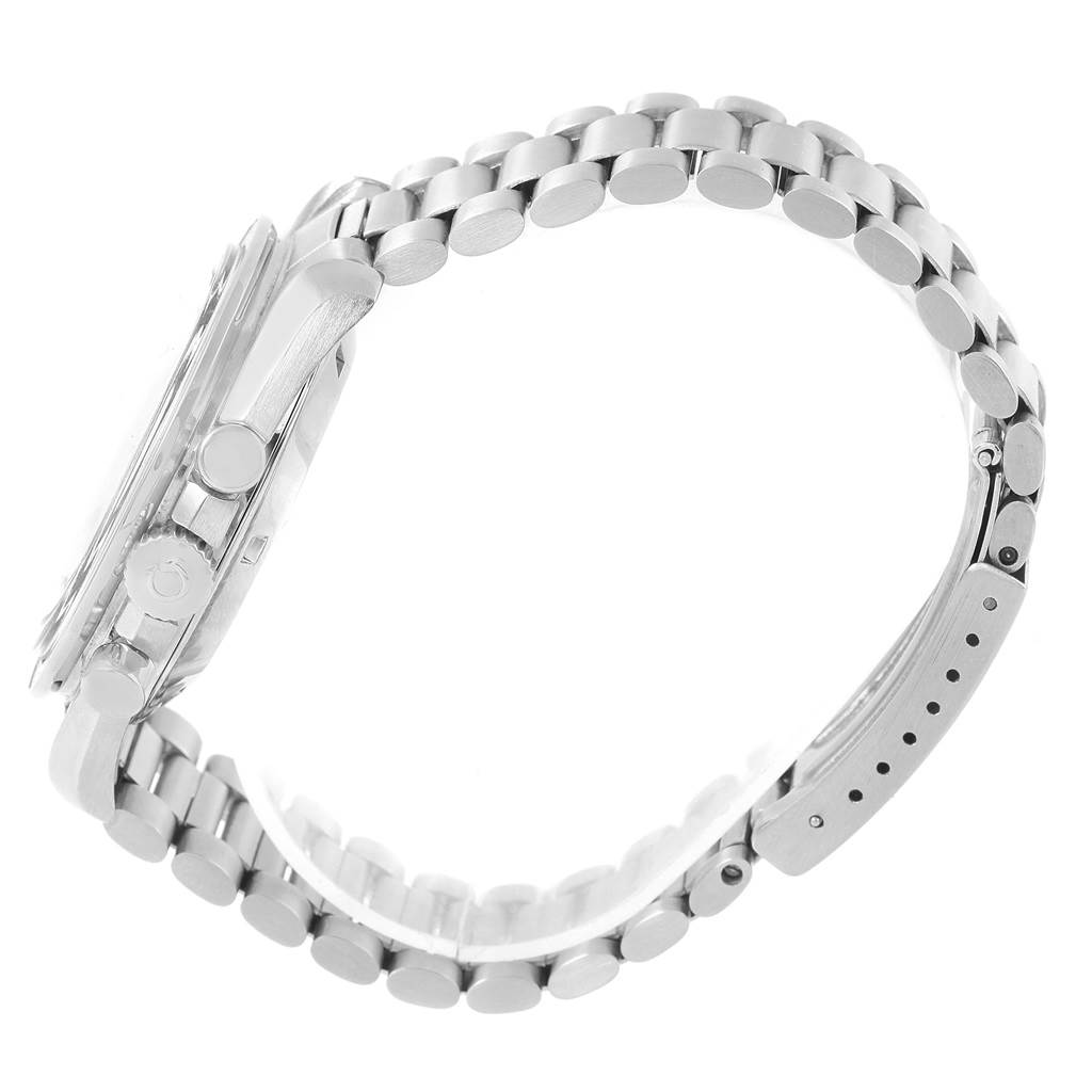 The image shows a side view of the Omega Speedmaster 145.022 Men
s Stainless Steel Black Dial 145.022 Men
s Stainless Steel Black Dial watch, highlighting the metal bracelet, case, and crown.