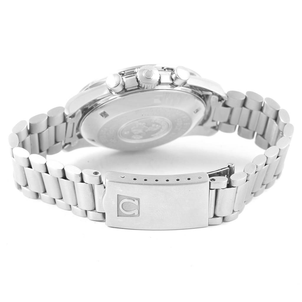 The image shows the back, clasp, and part of the bracelet of an Omega Speedmaster 145.022 Men
s Stainless Steel Black Dial 145.022 Men
s Stainless Steel Black Dial watch at a side angle.