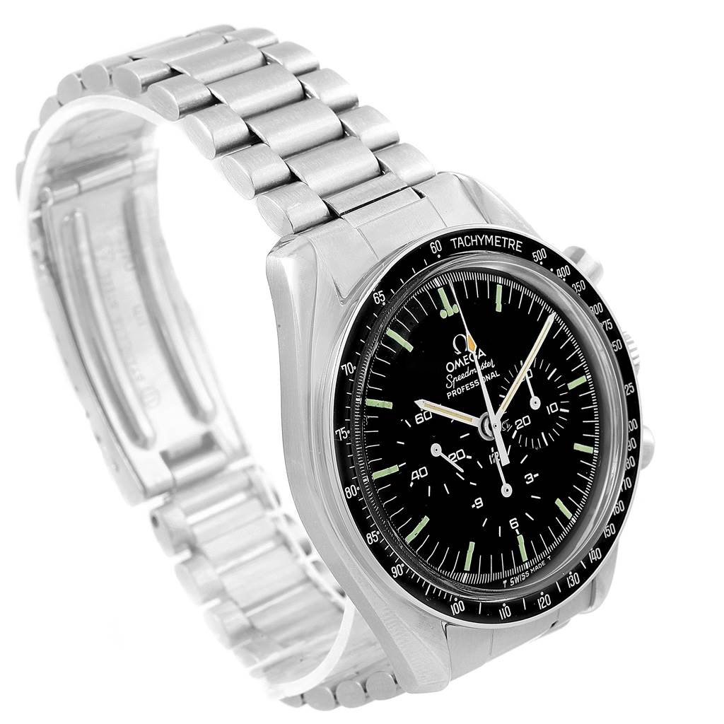 The image shows an Omega Speedmaster 145.022 Men
s Stainless Steel Black Dial 145.022 Men
s Stainless Steel Black Dial watch at a slightly tilted angle, highlighting its face, bezel, and metal bracelet.