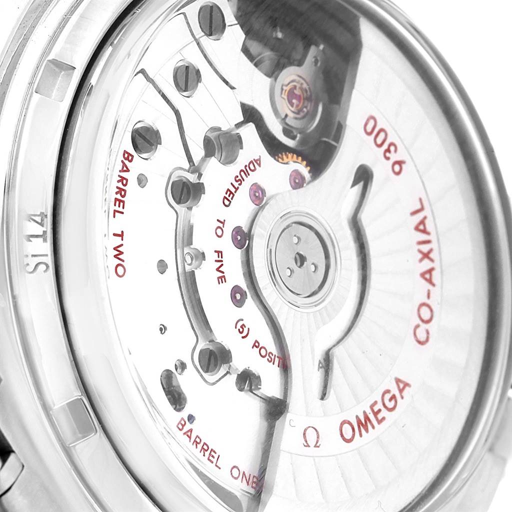 This image shows the close-up view of the movement and internal mechanisms of the Omega Speedmaster 311.30.44.51.01.002 Men
s Stainless Steel Black Dial 311.30.44.51.01.002 Men
s Stainless Steel Black Dial watch, focusing on the co-axial system.