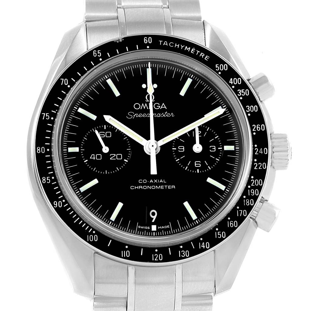 The image shows a frontal view of an Omega Speedmaster 311.30.44.51.01.002 Men
s Stainless Steel Black Dial 311.30.44.51.01.002 Men
s Stainless Steel Black Dial watch, highlighting its black dial, chronograph subdials, and tachymeter bezel.
