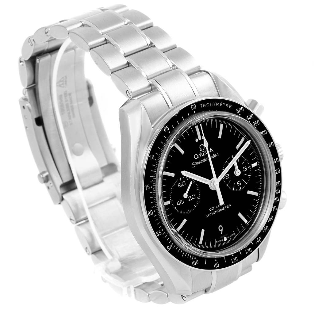 This image shows an Omega Speedmaster 311.30.44.51.01.002 Men
s Stainless Steel Black Dial 311.30.44.51.01.002 Men
s Stainless Steel Black Dial watch at a three-quarters angle, highlighting the bracelet, case, and dial with visible subdials.