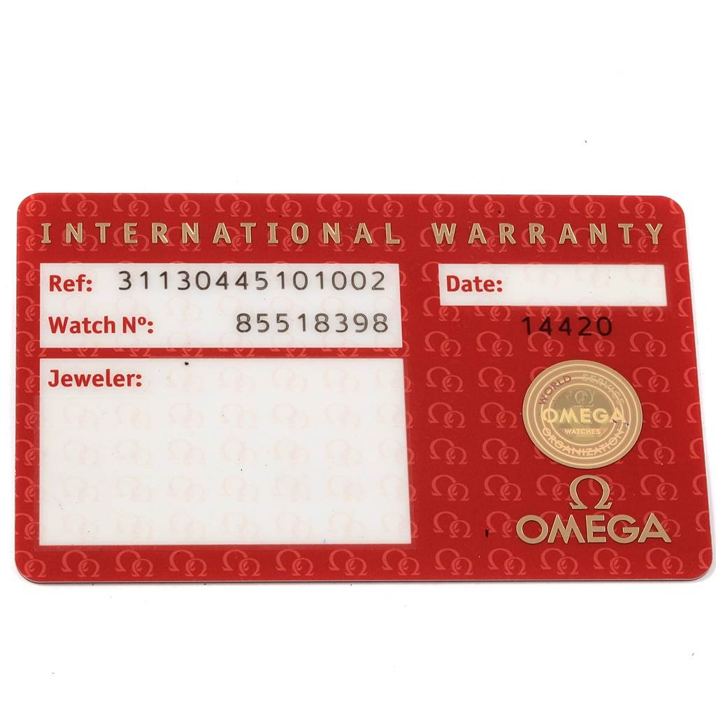 The image shows an Omega Speedmaster 311.30.44.51.01.002 Men
s Stainless Steel Black Dial 311.30.44.51.01.002 Men
s Stainless Steel Black Dial International Warranty card with reference and watch numbers.