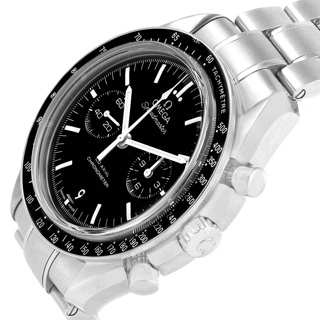 The image shows an angled view of the Omega Speedmaster 311.30.44.51.01.002 Men
s Stainless Steel Black Dial 311.30.44.51.01.002 Men
s Stainless Steel Black Dial watch focusing on the dial, tachymeter bezel, and stainless steel bracelet.
