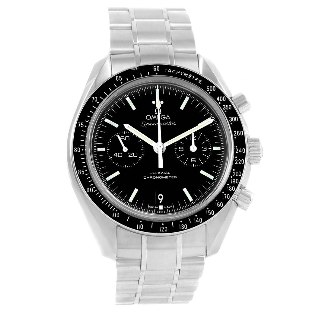 The Omega Speedmaster 311.30.44.51.01.002 Men
s Stainless Steel Black Dial 311.30.44.51.01.002 Men
s Stainless Steel Black Dial watch is shown from a front angle, displaying its black dial, chronograph subdials, tachymeter bezel, and stainless steel bracelet.