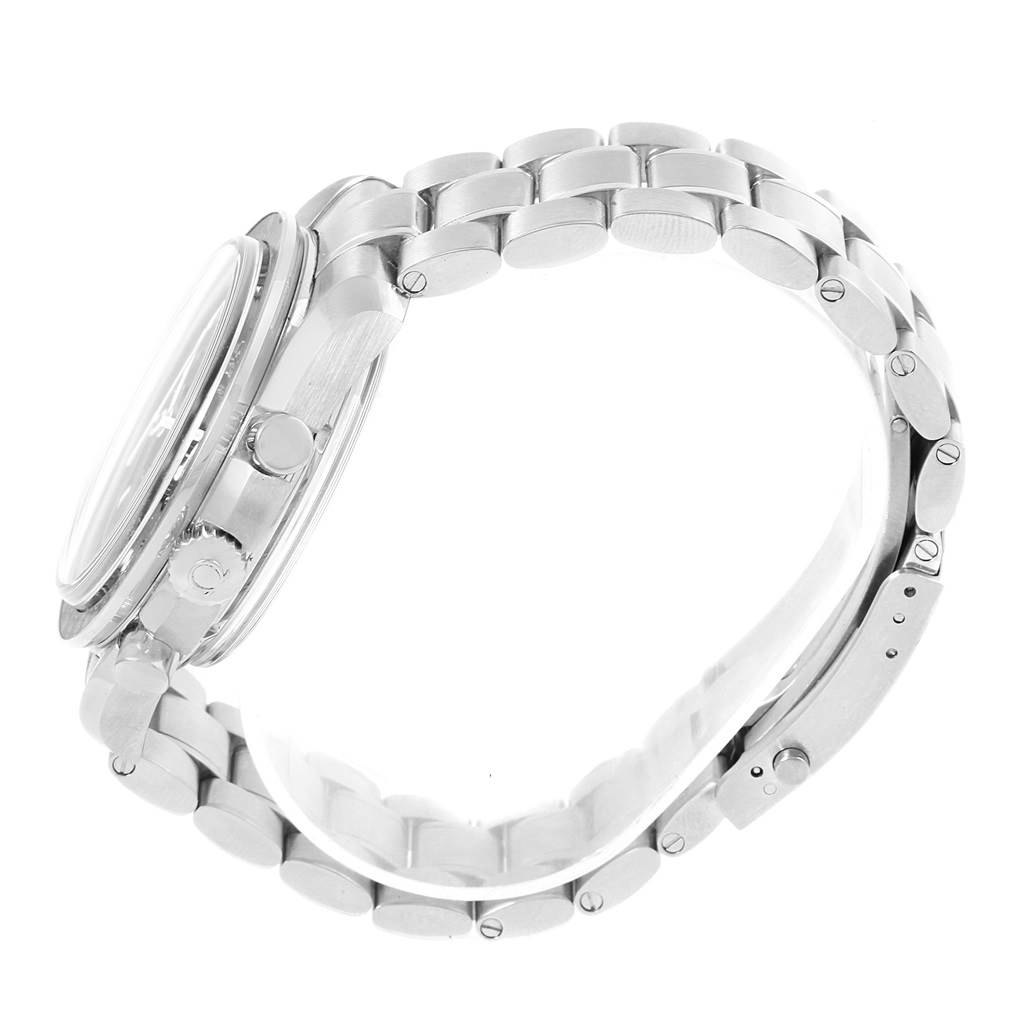 This image shows a side view of the Omega Speedmaster 311.30.44.51.01.002 Men
s Stainless Steel Black Dial 311.30.44.51.01.002 Men
s Stainless Steel Black Dial watch, focusing on the metal bracelet and side buttons.