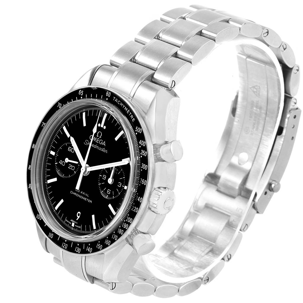 The image shows a side angle of the Omega Speedmaster 311.30.44.51.01.002 Men
s Stainless Steel Black Dial 311.30.44.51.01.002 Men
s Stainless Steel Black Dial watch, displaying the face, bezel, crown, push buttons, and bracelet.
