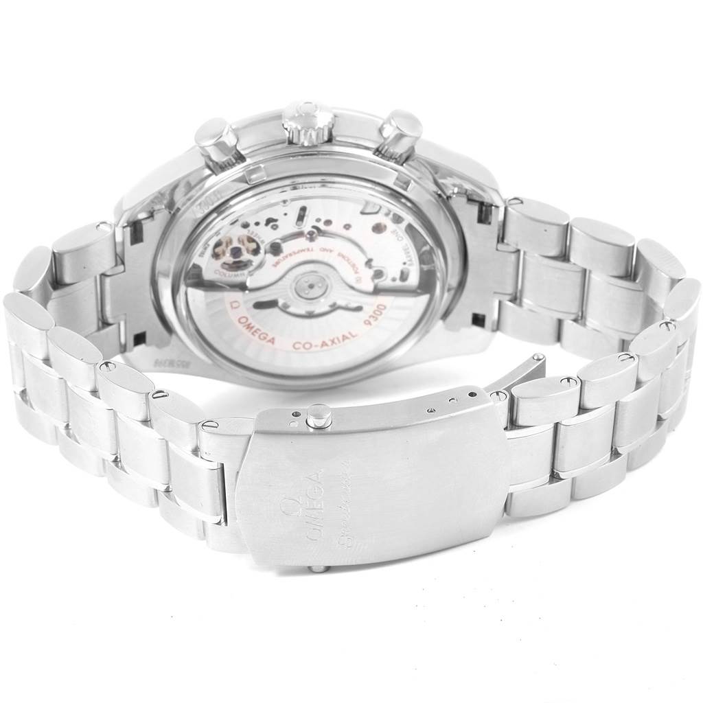 The image shows the back view of an Omega Speedmaster 311.30.44.51.01.002 Men
s Stainless Steel Black Dial 311.30.44.51.01.002 Men
s Stainless Steel Black Dial watch, highlighting its open case back and metal bracelet.