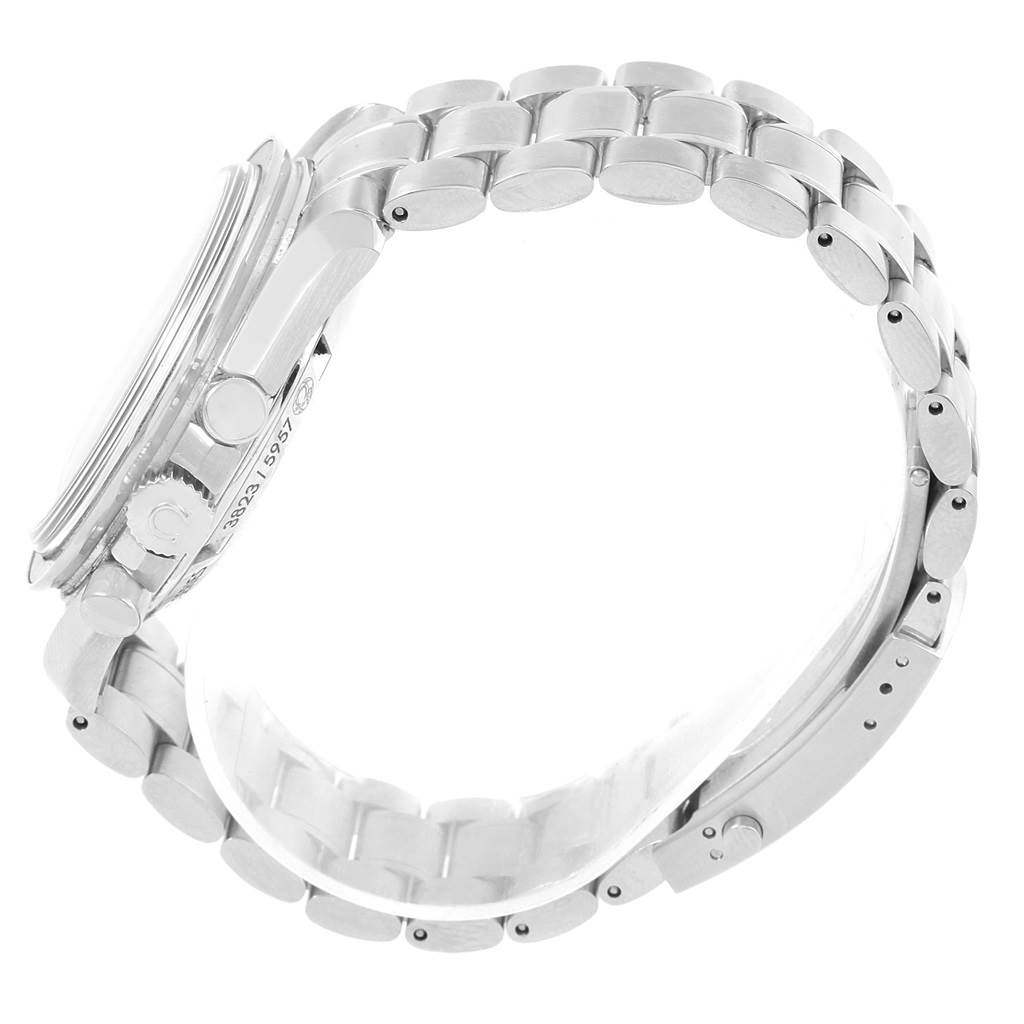 The image shows a side view of an Omega Speedmaster 311.30.42.30.01.001 Men
s Stainless Steel Black Dial 311.30.42.30.01.001 Men
s Stainless Steel Black Dial watch, focusing on its stainless steel bracelet, case, and crown.