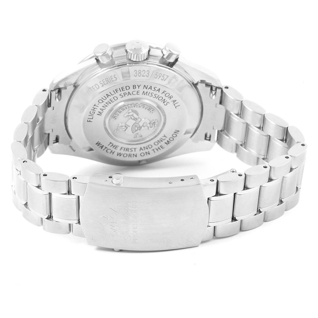 The image shows the back case and bracelet of the Omega Speedmaster 311.30.42.30.01.001 Men
s Stainless Steel Black Dial 311.30.42.30.01.001 Men
s Stainless Steel Black Dial watch, with inscriptions and the clasp visible.