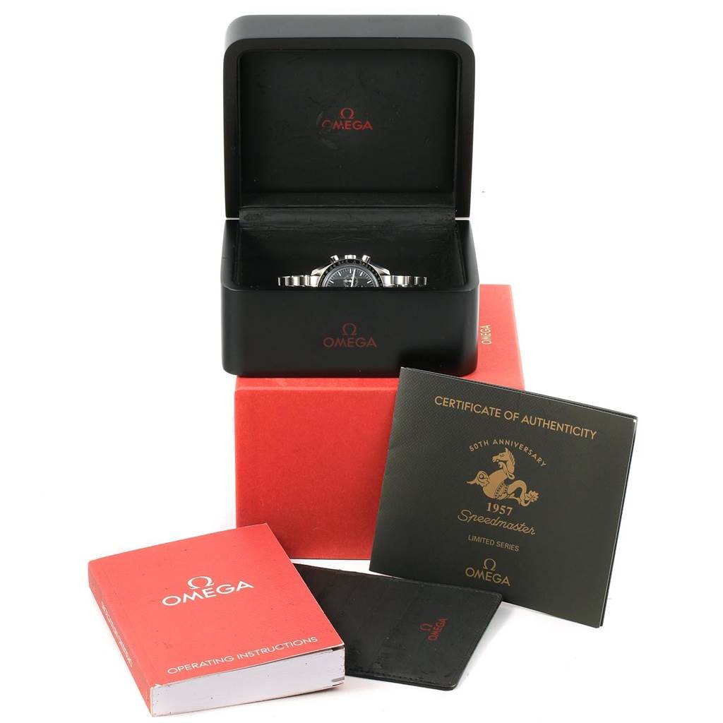 The image shows an Omega Speedmaster 311.30.42.30.01.001 Men
s Stainless Steel Black Dial 311.30.42.30.01.001 Men
s Stainless Steel Black Dial watch in its case, along with a red Omega box, operating instructions, and a certificate of Best Quality
ity.
