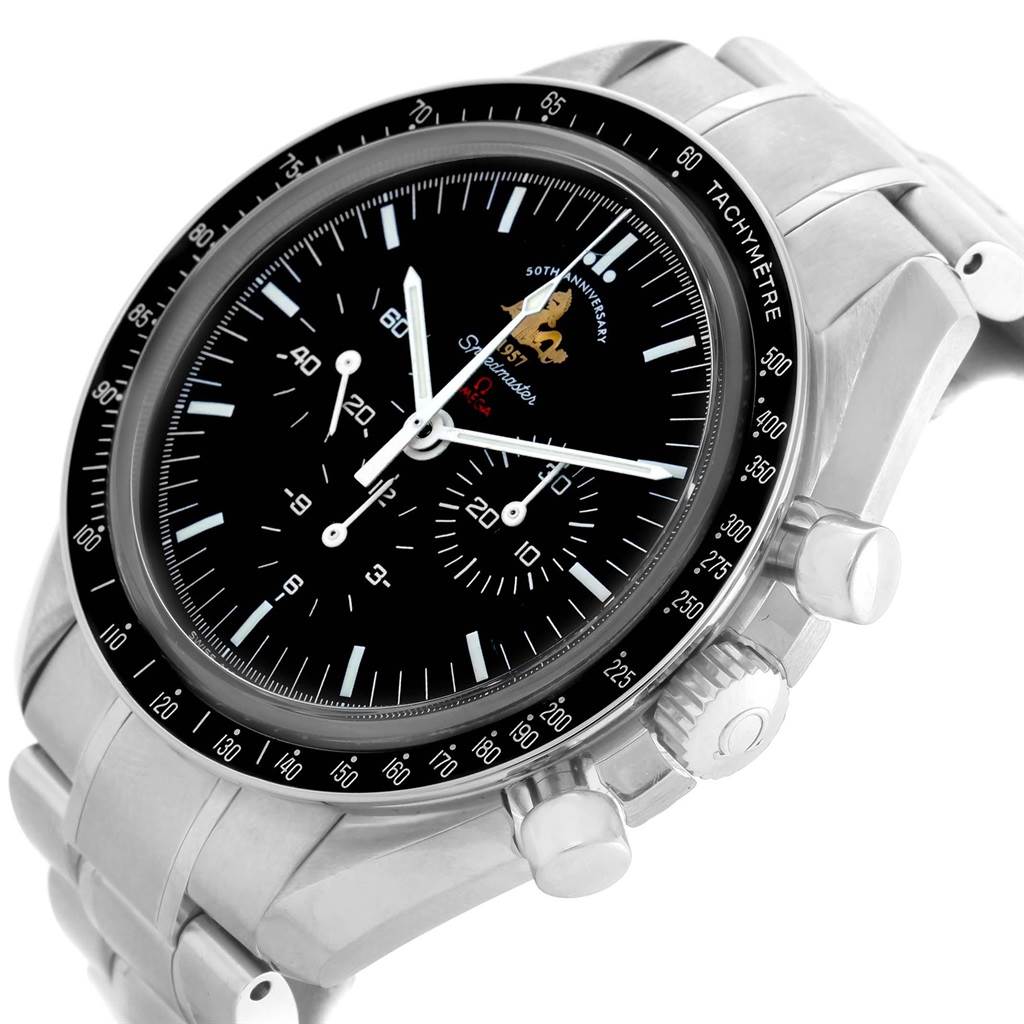 The image shows an Omega Speedmaster 311.30.42.30.01.001 Men
s Stainless Steel Black Dial 311.30.42.30.01.001 Men
s Stainless Steel Black Dial watch from a three-quarter angle, highlighting its face, bezel, crown, and part of the bracelet.