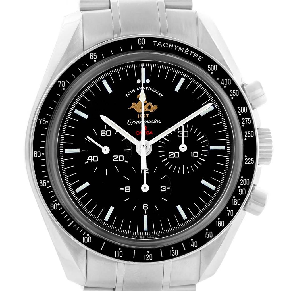 The image shows a front view of the Omega Speedmaster 311.30.42.30.01.001 Men
s Stainless Steel Black Dial 311.30.42.30.01.001 Men
s Stainless Steel Black Dial watch, highlighting its dial, hands, tachymeter bezel, and sub-dials.