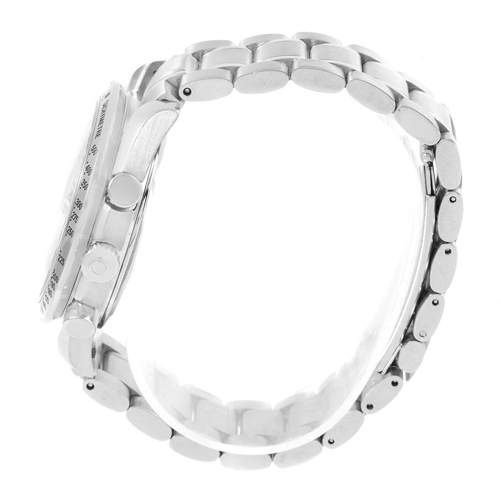 This image shows a side profile of the Omega Speedmaster 3523.30.00 Men
s Stainless Steel Silver Dial 3523.30.00 Men
s Stainless Steel Silver Dial, highlighting the case, pushers, and the bracelet.