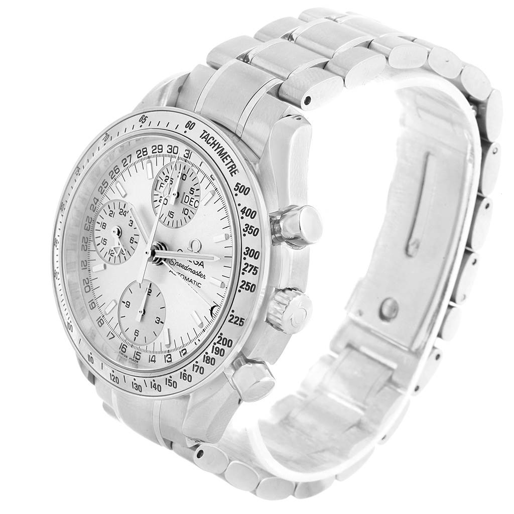 The image shows an Omega Speedmaster 3523.30.00 Men
s Stainless Steel Silver Dial 3523.30.00 Men
s Stainless Steel Silver Dial watch from a three-quarter angle, highlighting the face, crown, pushers, and bracelet.