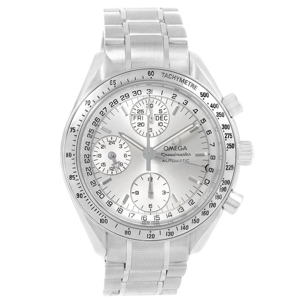 This image shows a frontal view of an Omega Speedmaster 3523.30.00 Men
s Stainless Steel Silver Dial 3523.30.00 Men
s Stainless Steel Silver Dial watch with its dial, bezel, and bracelet visible.