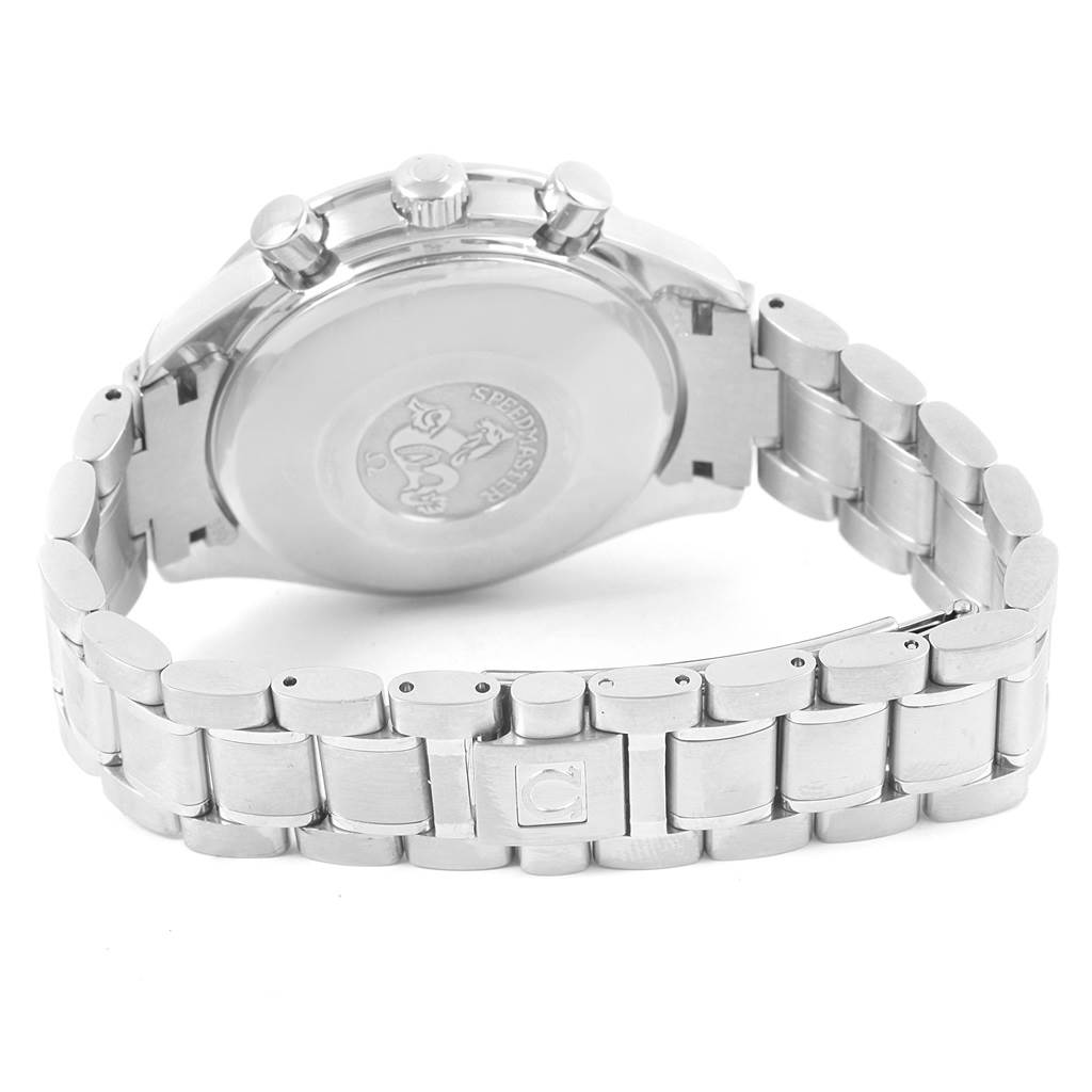 The image shows the back and bracelet of an Omega Speedmaster 3523.30.00 Men
s Stainless Steel Silver Dial 3523.30.00 Men
s Stainless Steel Silver Dial watch, focusing on the case back and the stainless steel bracelet.