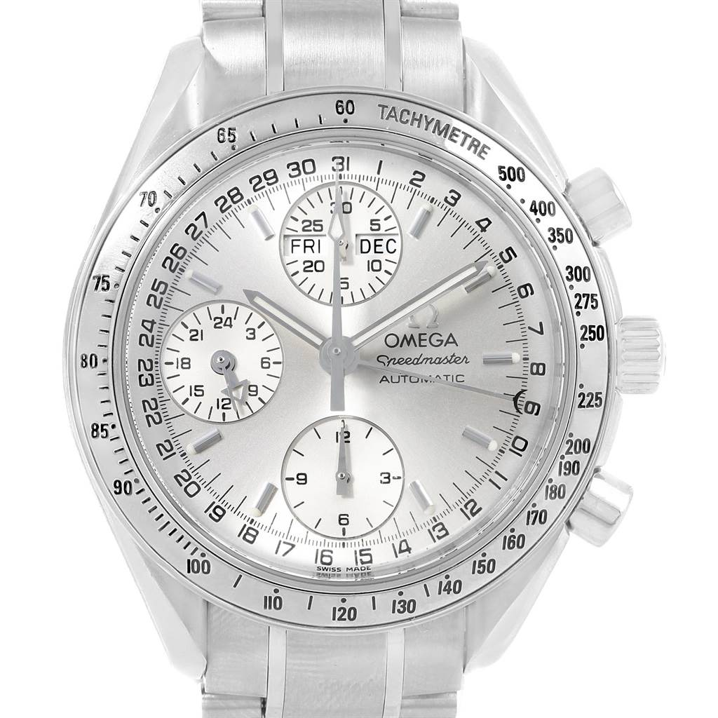 The image shows a front view of the Omega Speedmaster 3523.30.00 Men
s Stainless Steel Silver Dial 3523.30.00 Men
s Stainless Steel Silver Dial watch, highlighting the dial, subdials, and tachymeter bezel.