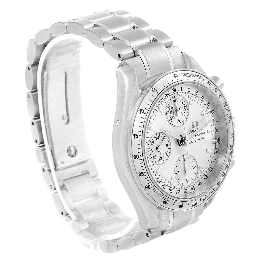 The image shows an angled view of an Omega Speedmaster 3523.30.00 Men
s Stainless Steel Silver Dial 3523.30.00 Men
s Stainless Steel Silver Dial watch, displaying the face, dial, and part of the metal bracelet.