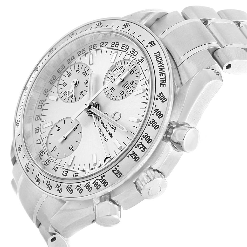 The image shows an angled view of the Omega Speedmaster 3523.30.00 Men
s Stainless Steel Silver Dial 3523.30.00 Men
s Stainless Steel Silver Dial watch, highlighting the face, tachymeter bezel, and pushers.