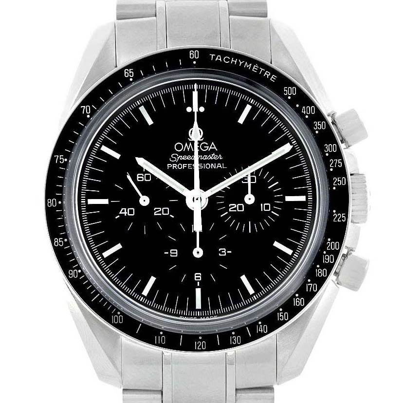 This image shows a front view of an Omega Speedmaster 3573.50.00 Men
s Stainless Steel Black Dial 3573.50.00 Men
s Stainless Steel Black Dial Professional watch, displaying the dial, bezel, and chronograph subdials.