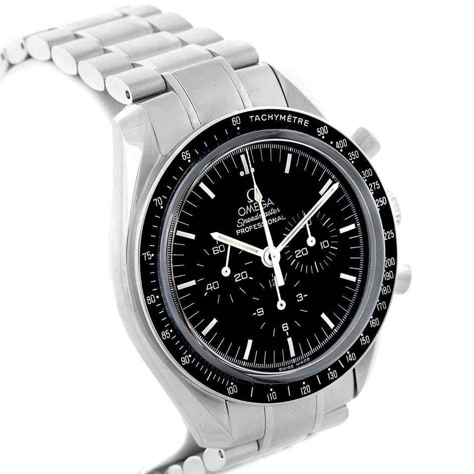 The image shows an Omega Speedmaster 3573.50.00 Men
s Stainless Steel Black Dial 3573.50.00 Men
s Stainless Steel Black Dial watch at a 3/4 angle, highlighting the dial, bezel, and bracelet.
