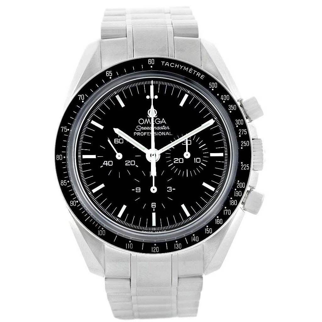 The image shows a front view of an Omega Speedmaster 3573.50.00 Men
s Stainless Steel Black Dial 3573.50.00 Men
s Stainless Steel Black Dial Professional watch, displaying its dial, case, and bracelet.
