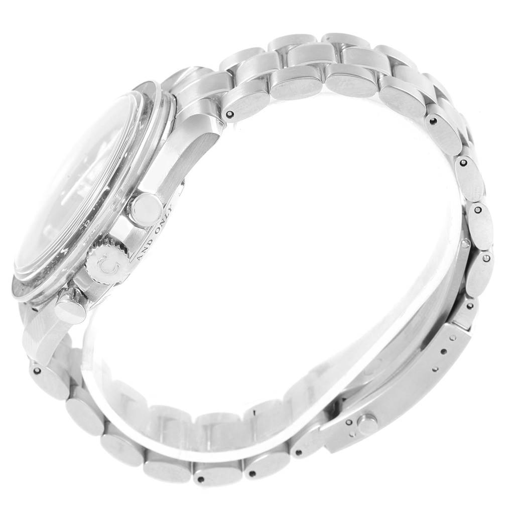 The image shows a side view of an Omega Speedmaster 3573.50.00 Men
s Stainless Steel Black Dial 3573.50.00 Men
s Stainless Steel Black Dial watch, highlighting the crown, pushers, and stainless steel bracelet.