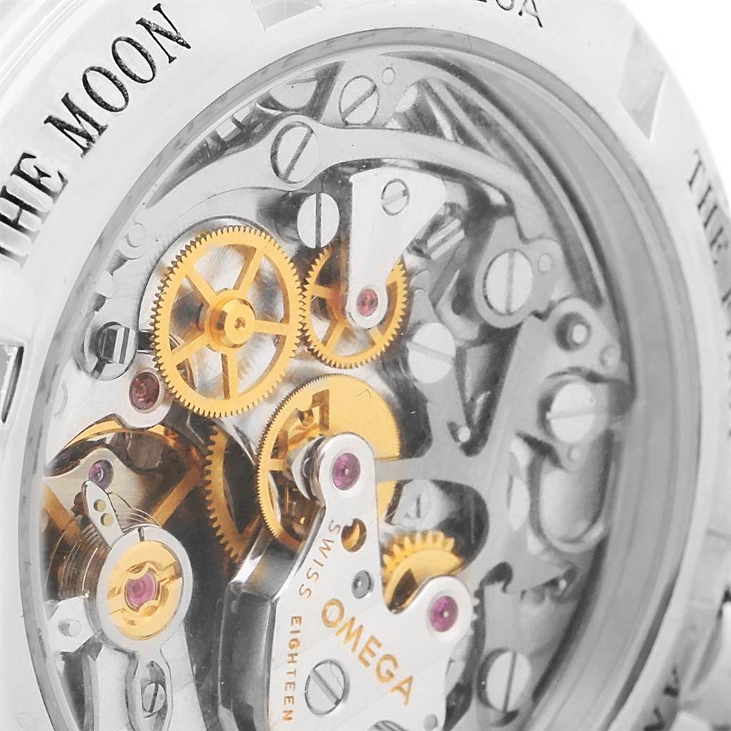 Close-up of the Omega Speedmaster 3573.50.00 Men
s Stainless Steel Black Dial 3573.50.00 Men
s Stainless Steel Black Dial
s back, showcasing its intricate mechanical movements and gears through a transparent caseback.