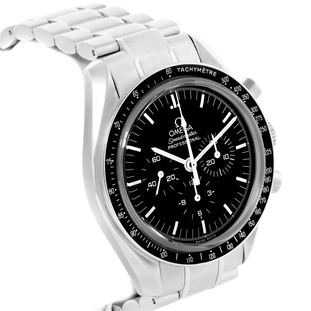 The image shows the Omega Speedmaster 3573.50.00 Men
s Stainless Steel Black Dial 3573.50.00 Men
s Stainless Steel Black Dial watch at an angle highlighting the face, bezel, and part of the metal bracelet.