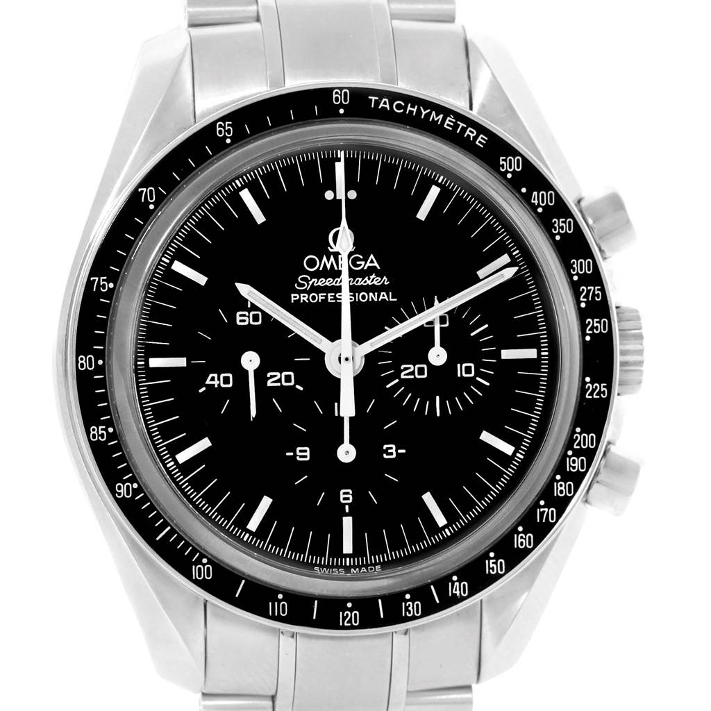 The Omega Speedmaster 3573.50.00 Men
s Stainless Steel Black Dial 3573.50.00 Men
s Stainless Steel Black Dial watch is shown from a front angle, displaying its dial, subdials, tachymeter scale, and steel bracelet.